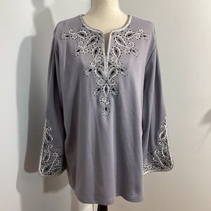 NWT BOB MACKIE WEARABLE ART PLUS 1X GRAY EMBROIDERED TUNIC SWEATER ARTSY UNIQUE